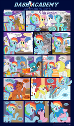 Size: 1248x2123 | Tagged: safe, artist:sorcerushorserus, baby ribbs, brolly, derpy hooves, firefly, fluttershy, gilda, princess celestia, rainbow dash, surprise, whitewash, griffon, pegasus, pony, comic:dash academy, g1, g4, argie ribbs, butt, cafeteria, comic, crossword puzzle, crying, dice, dungeons and dragons, female, g1 to g4, generation leap, gym, gymnasium, hug, lunch, male, mare, newspaper, plot, school, stallion, tears of pain