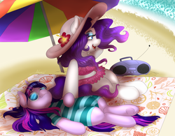 Size: 1280x996 | Tagged: safe, artist:fatcakes, rarity, twilight sparkle, alicorn, pony, unicorn, g4, attached skirt, beach, beach towel, bikini, blue swimsuit, clothes, female, frilled swimsuit, hat, mare, one-piece swimsuit, pink swimsuit, stereo, striped swimsuit, sunglasses, swimsuit, twilight sparkle (alicorn), umbrella