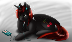 Size: 1280x746 | Tagged: safe, artist:fatcakes, oc, oc only, alicorn, pony, alicorn oc, earbuds, ipod, mp3 player, music, prone, solo
