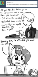Size: 792x1584 | Tagged: safe, artist:tjpones, oc, oc only, oc:brownie bun, earth pony, human, pony, horse wife, bandage, bandaid, blatant lies, cheek fluff, chest fluff, comic, cuffs, dripping, duo, ear fluff, female, food, grayscale, human male, insurance, male, mare, monochrome, peanut butter, simple background, tumblr, wet mane, white background