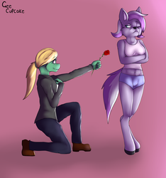 Size: 2535x2708 | Tagged: safe, artist:geecupcake, diamond tiara, oc, oc:ember gleam, frog, hybrid, pony, wolf, anthro, plantigrade anthro, unguligrade anthro, g4, belly button, blazetiara, female, flower, furry, high res, male, midriff, offspring, older, parent:diamond tiara, parent:oc:blaze, parents:blazetiara, parents:canon x oc, rose, straight