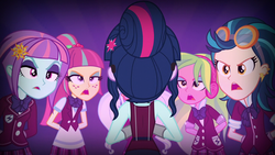 Size: 1280x720 | Tagged: safe, screencap, indigo zap, lemon zest, sci-twi, sour sweet, sugarcoat, sunny flare, twilight sparkle, equestria girls, g4, my little pony equestria girls: friendship games, clothes, crystal prep academy uniform, peer pressure, school uniform, shadow six, unleash the magic