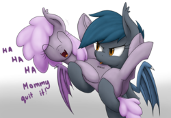 Size: 2360x1628 | Tagged: safe, artist:anearbyanimal, oc, oc only, oc:sirocca, oc:speck, bat pony, pony, cute, explicit source, holding a pony, mother and daughter, onomatopoeia, raspberry, raspberry noise, tickling, tummy buzz, weapons-grade cute