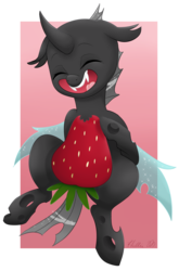 Size: 1024x1553 | Tagged: safe, artist:zombies8mywaffle, changeling, bite mark, cute, cuteling, food, happy, smiling, solo, strawberry