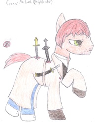 Size: 3060x3960 | Tagged: safe, artist:aridne, pony, connor macleod, high res, highlander, injured, ponified, ragnarok, solo, sword, traditional art, weapon