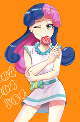 Size: 400x610 | Tagged: safe, artist:tzc, bon bon, sweetie drops, human, equestria girls, g4, adorabon, candy, crossed arms, cute, female, food, lollipop, one eye closed, orange background, simple background, solo, wink