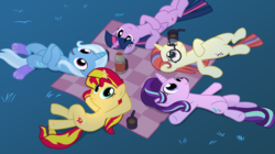 Size: 2500x1400 | Tagged: safe, artist:anarchemitis, moondancer, starlight glimmer, sunset shimmer, trixie, twilight sparkle, alicorn, pony, unicorn, g4, blanket, clothes, counterparts, crossed hooves, cup, drink, glasses, grass, group, magical quintet, open mouth, socks, stargazing, thermos, twilight sparkle (alicorn), twilight's counterparts
