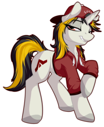Size: 3745x4567 | Tagged: safe, artist:strachattack, oc, oc only, oc:r3ctifier, absurd resolution, backwards ballcap, clothes, hat, hoodie, raised hoof, solo