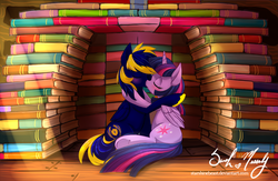 Size: 1212x792 | Tagged: safe, artist:starshinebeast, twilight sparkle, oc, oc:zephyr, alicorn, pony, g4, blushing, book fort, canon x oc, commission, duo, eyes closed, female, hug, kissing, male, mare, on side, shipping, straight, twilight sparkle (alicorn), twiphyr, underhoof, unshorn fetlocks