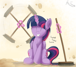Size: 2600x2300 | Tagged: safe, artist:bugplayer, twilight sparkle, alicorn, pony, g4, season 6, the saddle row review, both cutie marks, broom, bugplayer is trying to murder us, cute, eyes closed, female, folded wings, glowing horn, happy, high res, horn, magic, magic aura, mare, signature, sitting, smiling, solo, sweeping, sweepsweepsweep, telekinesis, twiabetes, twilight sparkle (alicorn), twilight sweeple, wings