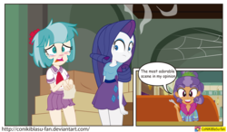 Size: 2797x1635 | Tagged: safe, artist:conikiblasu-fan, coco pommel, plaid stripes, rarity, equestria girls, g4, the saddle row review, belly button, blushing, bucktooth, clothes, cold, equestria girls interpretation, equestria girls-ified, looking at you, manehattan, midriff, open mouth, plaid, plaidabetes, pleated skirt, red nosed, restaurant, scene interpretation, sick, sitting, skirt, smiling, sneezing, spoon, table, teary eyes, tissue