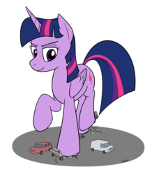 Size: 1423x1631 | Tagged: safe, artist:rapidstrike, twilight sparkle, alicorn, pony, g4, car, crushing, female, giant pony, macro, mare, raised hoof, request, size difference, solo, stomping, twilight sparkle (alicorn), vehicle