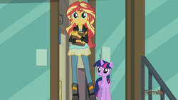 Size: 1002x562 | Tagged: safe, artist:angeltorchic, edit, part of a set, screencap, sunset shimmer, twilight sparkle, equestria girls, g4, discovery family logo, part of a series, sunset's little twilight, tiny ponies, twilight sparkle (alicorn)