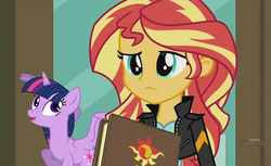 Size: 916x562 | Tagged: safe, artist:angeltorchic, edit, part of a set, screencap, sunset shimmer, twilight sparkle, equestria girls, g4, discovery family logo, part of a series, sunset's little twilight, tiny ponies, twilight sparkle (alicorn)