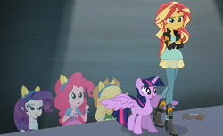 Size: 916x562 | Tagged: safe, artist:angeltorchic, edit, part of a set, screencap, applejack, pinkie pie, rarity, sunset shimmer, twilight sparkle, equestria girls, g4, discovery family logo, sunset's little twilight, tiny ponies, twilight sparkle (alicorn)