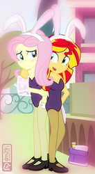 Size: 624x1140 | Tagged: safe, artist:dm29, fluttershy, sunset shimmer, equestria girls, g4, arm around neck, bunny ears, bunny girl, bunny suit, clothes, cute, duo, female, julian yeo is trying to murder us, leotard, shimmerbetes, shy, shyabetes