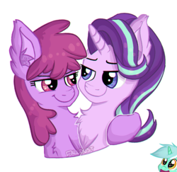 Size: 900x876 | Tagged: safe, artist:falldust, berry punch, berryshine, lyra heartstrings, starlight glimmer, pony, g4, chest fluff, duo, ear fluff, female, glimmerberry, hug, lesbian, lidded eyes, looking at each other, open mouth, shipper on deck, shipping, simple background, smiling, white background