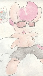 Size: 603x1057 | Tagged: safe, artist:slightlyshade, scootaloo, g4, clothes, female, open mouth, shorts, solo, sunglasses, traditional art