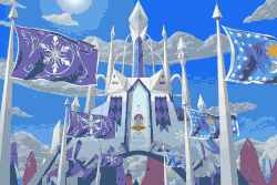Size: 960x640 | Tagged: safe, artist:hydrusbeta, 3d, animated, architecture, castle, cloud, crystal empire, crystal empire flag, crystal palace, flag, flag of equestria, flag waving, no pony, scenery