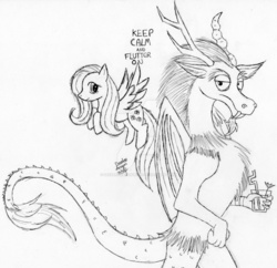 Size: 1024x990 | Tagged: safe, artist:deedeedragonwolf, discord, fluttershy, g4, monochrome