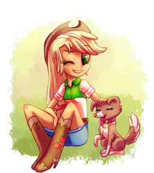 Size: 1500x1686 | Tagged: safe, artist:lightof-dawn, applejack, winona, human, equestria girls, g4, art trade, boots, clothes, cowboy boots, cowboy hat, denim skirt, hat, shoes, skirt, stetson, wink