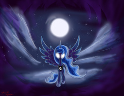 Size: 3300x2550 | Tagged: safe, artist:definisher, princess luna, g4, female, glowing eyes, high res, moon, night, solo, spread wings