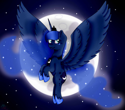 Size: 1700x1490 | Tagged: safe, artist:thewhitedemonwolf, princess luna, g4, female, flying, moon, night, solo, stars