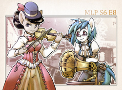 Size: 1280x951 | Tagged: safe, artist:hobilo, dj pon-3, octavia melody, vinyl scratch, anthro, a hearth's warming tail, g4, bowtie, cleavage, clothes, corset, female, gramophone, hat, looking at you, musical instrument, violin