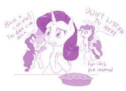 Size: 1100x793 | Tagged: safe, artist:dstears, pinkie pie, rarity, pony, unicorn, g4, the saddle row review, cupcake, dialogue, fake wings, female, food, lip bite, mare, monochrome, pie, rarity looking at food, role reversal, shoulder angel, shoulder devil