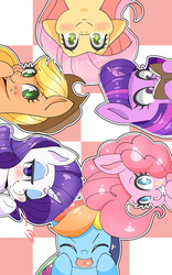 Size: 1195x1920 | Tagged: safe, artist:braffy, applejack, fluttershy, pinkie pie, rainbow dash, rarity, twilight sparkle, g4, blush sticker, blushing, book, checkered background, colored pupils, cute, eyes closed, glasses, heart, looking at you, mane six, one eye closed, tongue out, wink