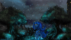 Size: 5760x3240 | Tagged: dead source, safe, artist:xxmarkingxx, princess luna, firefly (insect), g4, absurd resolution, castle, female, forest, night, scenery, solo, stars