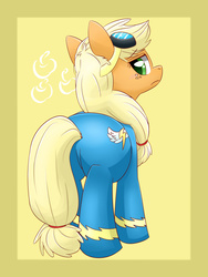 Size: 1200x1600 | Tagged: safe, artist:gamijack, applejack, earth pony, pony, g4, butt, clothes, female, goggles, looking back, mare, plot, rear view, solo, wonderbolts uniform