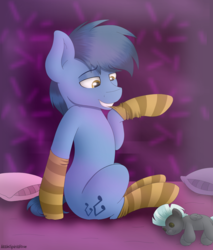 Size: 2300x2700 | Tagged: safe, artist:spirit-dude, blues, noteworthy, thunderlane, earth pony, pegasus, pony, g4, clothes, high res, male, pillow, plushie, sitting, socks, solo, stallion, striped socks