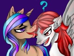 Size: 400x304 | Tagged: safe, artist:brainiac, oc, oc only, oc:hunters moon, oc:rose sniffer, pegasus, pony, unicorn, cute, duo, eyebrows, female, goofy, lesbian, licking, rosexhunter, shipping, shojo ai, tongue out, weird