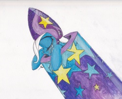 Size: 2096x1701 | Tagged: safe, artist:scribblepwn3, trixie, pony, unicorn, g4, no second prances, cannon, crying, female, helmet, mare, pen drawing, sad, solo, traditional art, watercolor painting
