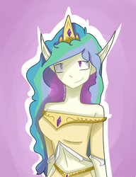 Size: 839x1092 | Tagged: safe, artist:double-delight, princess celestia, human, g4, belly button, clothes, dress, elf ears, female, humanized, midriff, solo