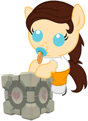Size: 728x1006 | Tagged: safe, artist:red4567, pony, g4, baby, baby pony, chell, companion cube, crossover, cute, pacifier, ponified, portal (valve), portal 2, riding, solo
