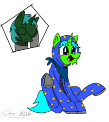 Size: 1845x2055 | Tagged: safe, artist:derpanater, oc, oc only, oc:bountiful heart, oc:live "derp" bait, pony, unicorn, fallout equestria, bandana, clothes, cute, digital art, eyes closed, facehoof, footed sleeper, funny, happy, onesie, open mouth, pajamas, simple background, smiling, transparent background, underhoof