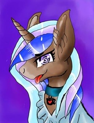 Size: 304x400 | Tagged: safe, artist:brainiac, oc, oc only, oc:rose sniffer, pony, unicorn, :p, brown, bust, clothes, collar, cute, ear fluff, lidded eyes, looking at you, open mouth, shirt, sitting, smiling, solo, swirly eyes, tongue out