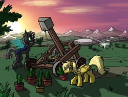 Size: 3500x2655 | Tagged: safe, artist:virmir, oc, oc only, oc:shifting sands, oc:whimsy daisy, changeling, cactus, catapult, dummy, flower pot, green changeling, green eyes, high res, mountain, mountain range, sunset