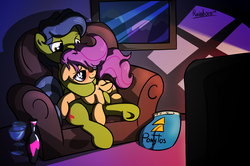 Size: 3639x2420 | Tagged: safe, artist:rainihorn, scootaloo, oc, oc:doctor lucky dice, g4, alcohol, blushing, canon x oc, chips, commission, female, food, high res, male, shipping, straight, wine