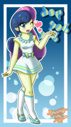 Size: 1942x3500 | Tagged: safe, artist:danmakuman, bon bon, sweetie drops, human, equestria girls, g4, :d, adorabon, blushing, bon bon is amused, clothes, cute, dress, female, heart, looking at you, mary janes, open mouth, shoes, short dress, signature, smiling, solo, waving, wink