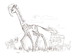 Size: 917x704 | Tagged: safe, artist:madhotaru, oc, oc only, oc:twiggy, earth pony, giraffe, pony, carriage, height difference, long legs, long neck, monochrome, tail, trio, wagon, windswept tail