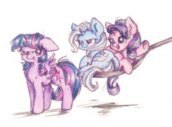 Size: 700x516 | Tagged: safe, artist:buttersprinkle, starlight glimmer, trixie, twilight sparkle, alicorn, pony, unicorn, g4, :t, angry, chest fluff, cute, diatrixes, female, floppy ears, fluffy, frown, glare, glimmerbetes, grumpy, grumpy twilight, horse spooning meme, magical trio, mare, meme, open mouth, prone, puffy cheeks, smiling, smirk, smug, spoon, spread wings, tiny, tiny ponies, traditional art, twiabetes, twilight sparkle (alicorn), underhoof, waving