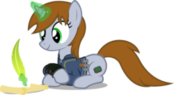 Size: 4392x2414 | Tagged: safe, artist:zacatron94, oc, oc only, oc:littlepip, pony, unicorn, fallout equestria, clothes, fanfic, fanfic art, female, glowing horn, hooves, horn, jumpsuit, levitation, magic, mare, pipbuck, prone, quill, simple background, smiling, solo, telekinesis, transparent background, vault suit, vector, writing