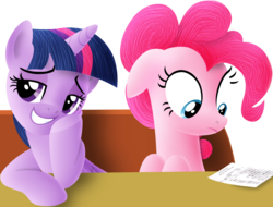 Size: 1503x1143 | Tagged: safe, artist:silberhase, pinkie pie, twilight sparkle, alicorn, pony, g4, the saddle row review, bill, duo, female, mare, scene interpretation, smug, smuglight sparkle, twilight sparkle (alicorn)