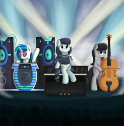 Size: 3799x3853 | Tagged: safe, artist:vanillaghosties, coloratura, dj pon-3, octavia melody, vinyl scratch, pony, g4, cello, high res, musical instrument, piano, trio, wubcart