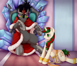 Size: 1280x1083 | Tagged: dead source, safe, artist:evomanaphy, king sombra, oc, pony, unicorn, g4, commission, crystal, duo, loincloth, midriff, ring, slave, throne, throne slouch