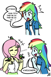 Size: 603x898 | Tagged: safe, artist:acesrockz, fluttershy, rainbow dash, bird, equestria girls, g4, bait and switch, chickadee (bird), clothes, comic, eyes closed, gasp, open mouth, pun, puns in the comments, skirt, speech bubble, tank top, visual pun
