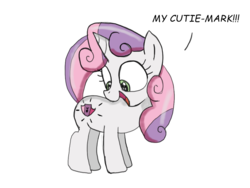 Size: 1030x773 | Tagged: safe, artist:echo-saan, sweetie belle, g4, cutie mark, dialogue, female, open mouth, simple background, solo, the cmc's cutie marks, white background